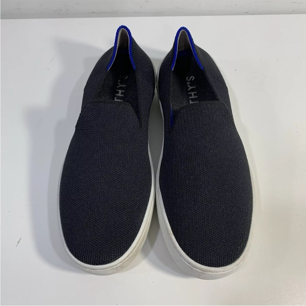 Rothy’s The Original Slip On Loafers Sneaker Black Blue White Heel Stripe Size 6
